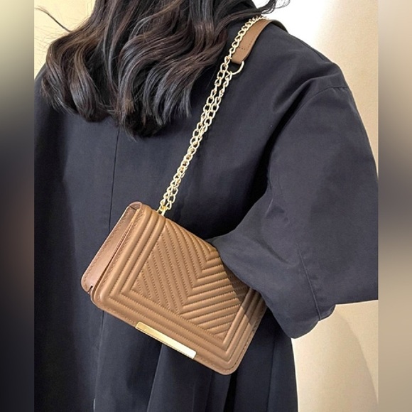 New!Brown VEGAN LEATHER CHEVRON GRID CROSSBODY SHOULDER FLAP BAG - Picture 2 of 6